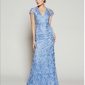 Carmen Marc Valvo V-Neck Fleurette Illusion Gown